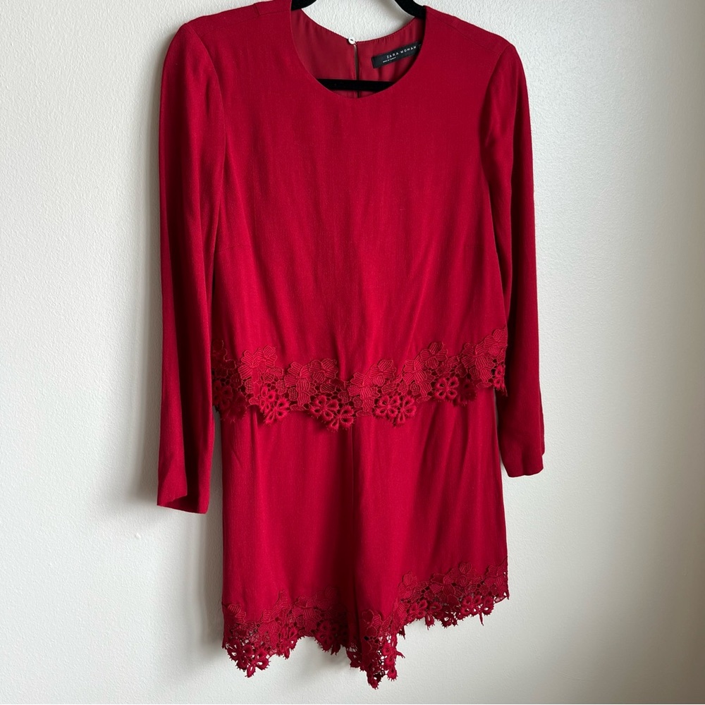 Zara Red Lace Trim Long Sleeve Romper, Size Medium - Picture 4 of 6
